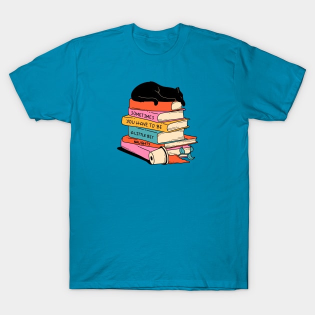 Books and Plant Black Cat in blue T-Shirt by The Charcoal Cat Co.